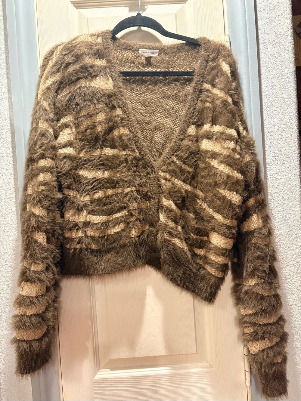 Striped Fuzzy V-Neck Cardigan Sweater in Brown and Cream